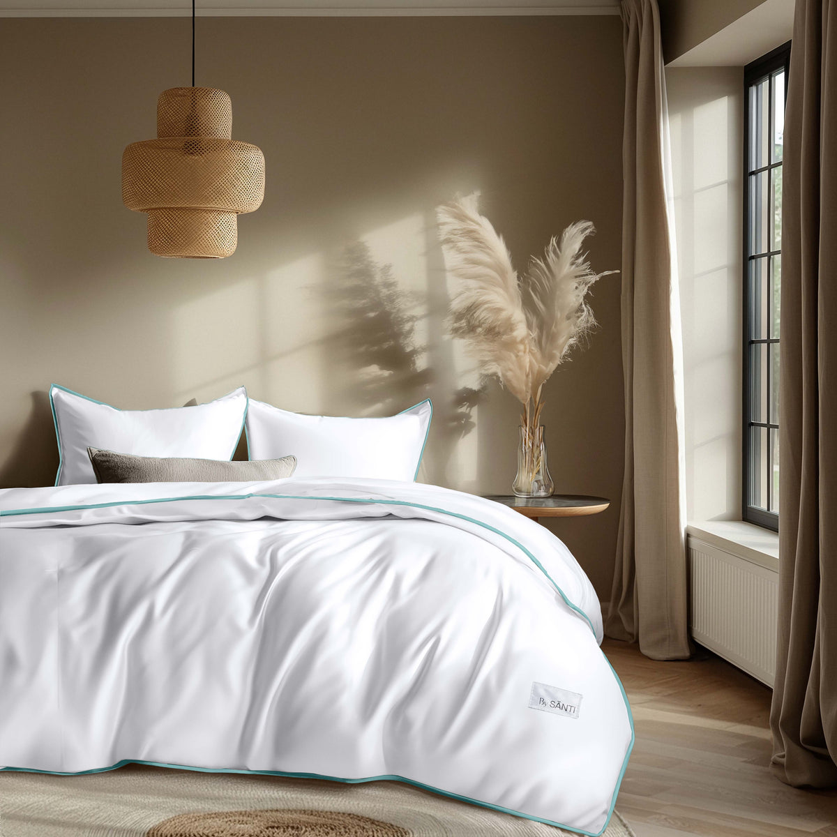 Oversized BRISA eucalyptus bedding set styled in hotel-inspired bedroom for luxury aesthetic look