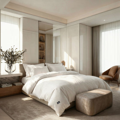 Luxury goose down comforter styled in a hotel-inspired bedroom